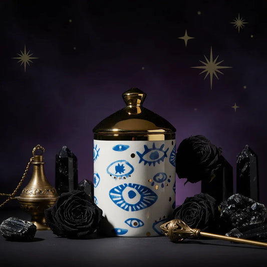 Nordic Evil Eye Tableware - Sorceress Sanctuary Figure / Small eye jar-Figure / Handprint Cup and Saucer-Figure / Handprint 8 inch disc-Figure / Eyes 8 inch plate-Figure / Eyes 10 inch plate