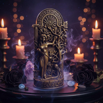 Decorative statue of a figure with intricate designs on a natural background