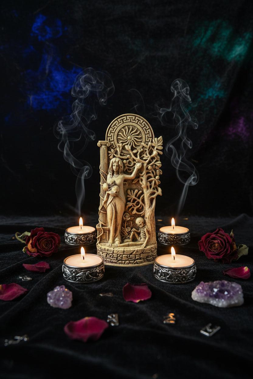 Decorative wall sculpture with intricate goddess designs on a gray background