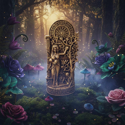 Decorative statue of a figure with intricate designs on a natural background