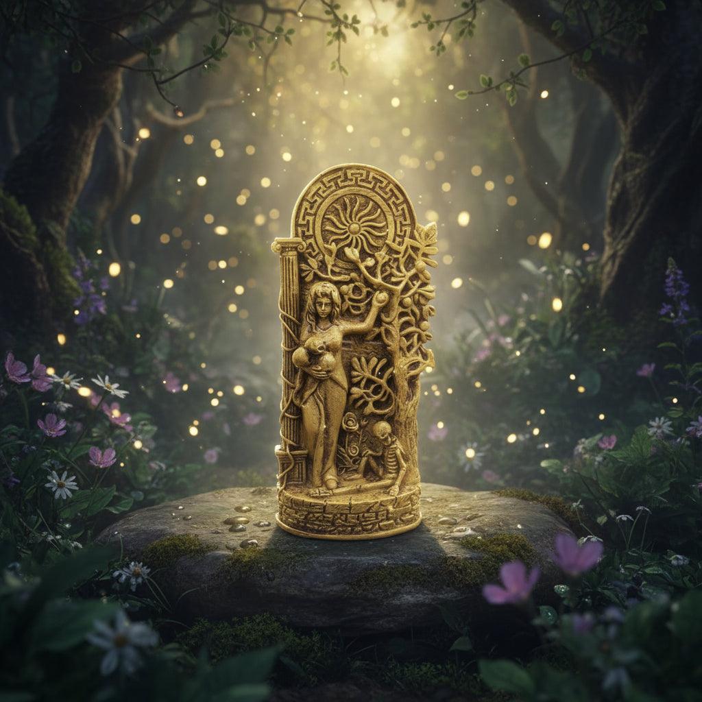 Decorative statue of a figure with intricate designs on a natural background