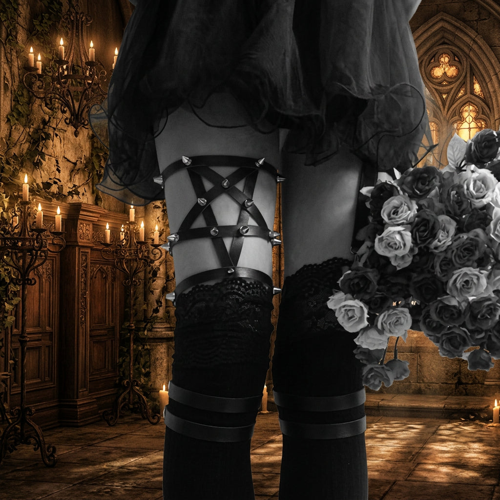 Black stockings with decorative straps worn by a person holding flowers against a white background