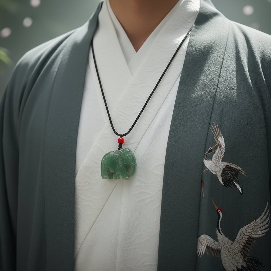 Person wearing a traditional outfit with a jade pendant necklace against a blurred background