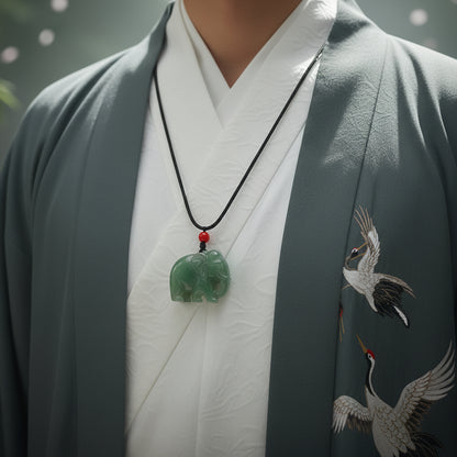 Person wearing a traditional outfit with a jade pendant necklace against a blurred background