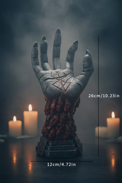 A gothic horror hand sculpture rising from a base of skulls, with dimension lines showing 26cm height and 12cm width on a white background.