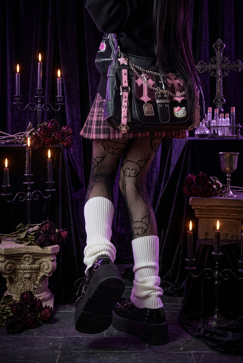 Person wearing a plaid skirt, black tights, and pink skirt with a plush toy on a beige couch.