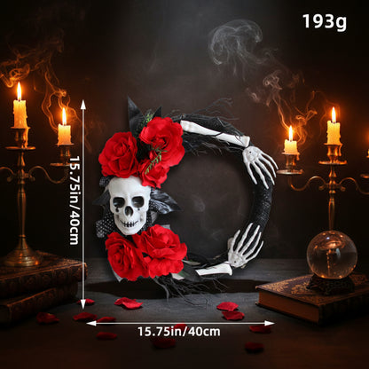 Halloween decorative wreath with a white skull, red roses, black and white skeleton hands, and black leaves, shown with dimension arrows and text indicating 15.75in/40cm by 15.