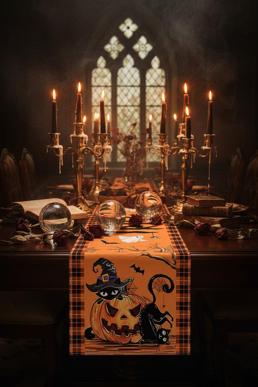 An orange Halloween table runner with a plaid border, featuring cartoon illustrations of a jack-o'-lantern, black cat, witch, ghosts, bats, spiderwebs, and the word 'Trick' on a wooden surface.