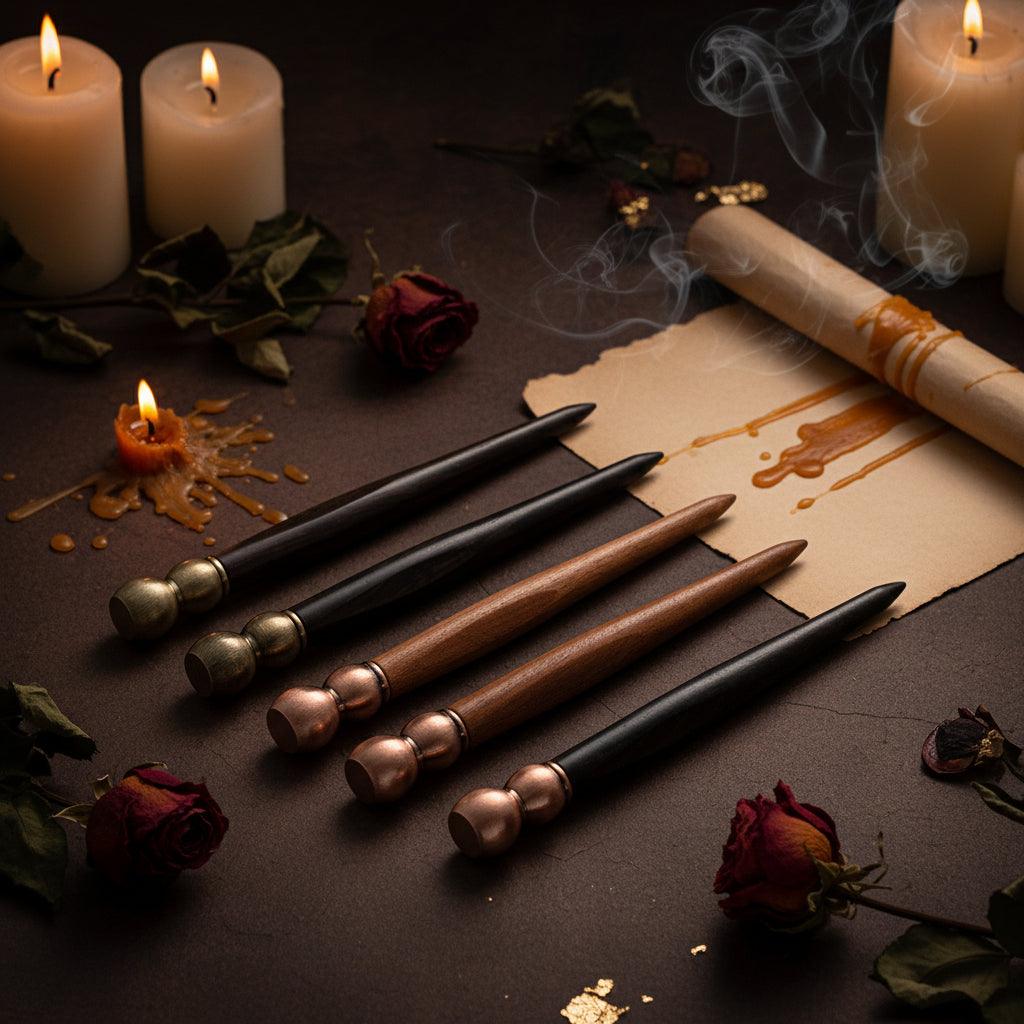 Five decorative wooden sticks or wands with metallic ball finials are arranged diagonally on a rustic wooden surface. Three are medium brown wood and two are very dark near-black wood, each with brass or bronze-toned metal ends.