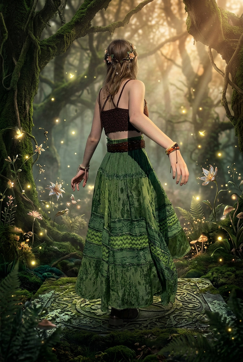 A woman wearing a green bohemian-style maxi skirt with a brown crop top stands on a rocky beach with the ocean in the background.