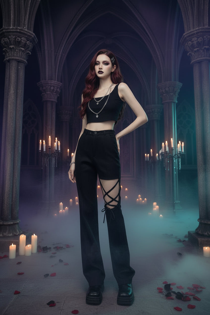 A model wearing a black sleeveless crop top with silver chain details and black high-waisted pants featuring a leg cutout with crisscross straps, standing against a textured gray wall.