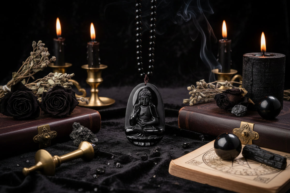 Obsidian Amitabha Pendant - Sorceress Sanctuary Comes with lanyard-With obsidian chain