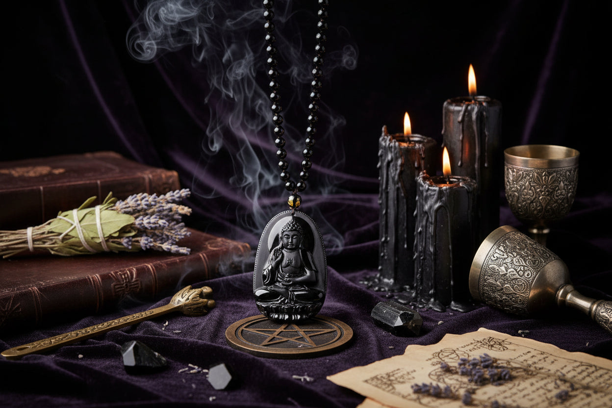 Obsidian Amitabha Pendant - Sorceress Sanctuary Comes with lanyard-With obsidian chain