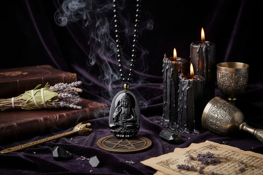 Obsidian Amitabha Pendant - Sorceress Sanctuary Comes with lanyard-With obsidian chain