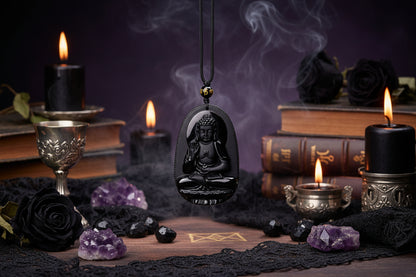 Obsidian Amitabha Pendant - Sorceress Sanctuary Comes with lanyard-With obsidian chain