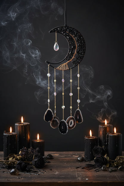 Obsidian Crystal Dreamcatcher - Sorceress Sanctuary Black Big Moon Agate Tablet