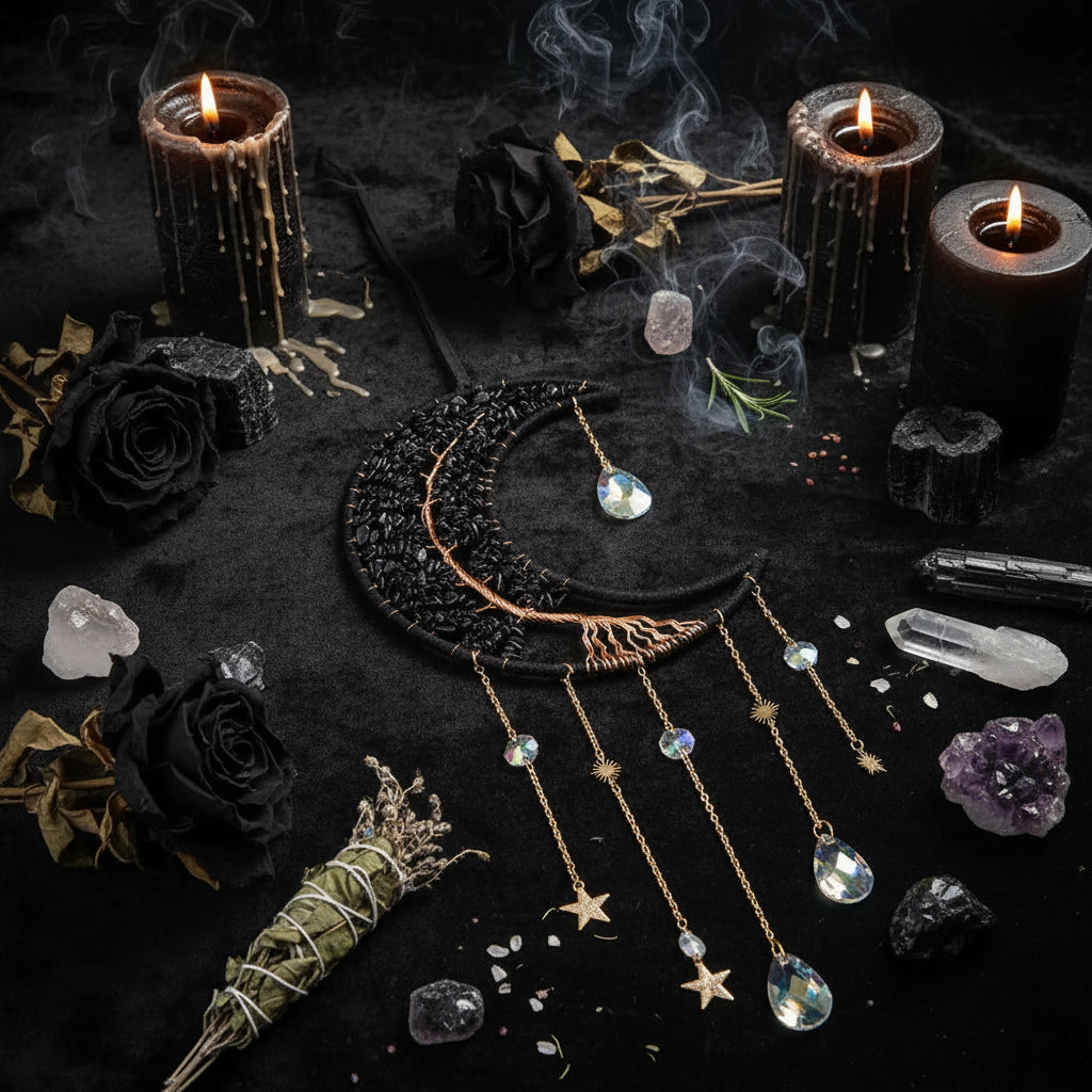 Obsidian Crystal Dreamcatcher - Sorceress Sanctuary Black Big Moon Agate Tablet
