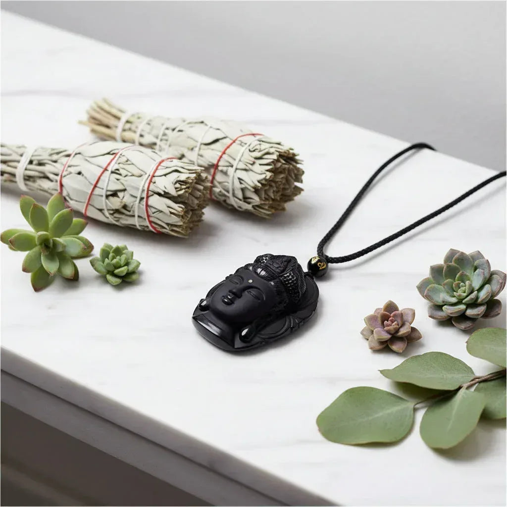 Obsidian Guanyin Necklace - Sorceress Sanctuary Pendant+rope
