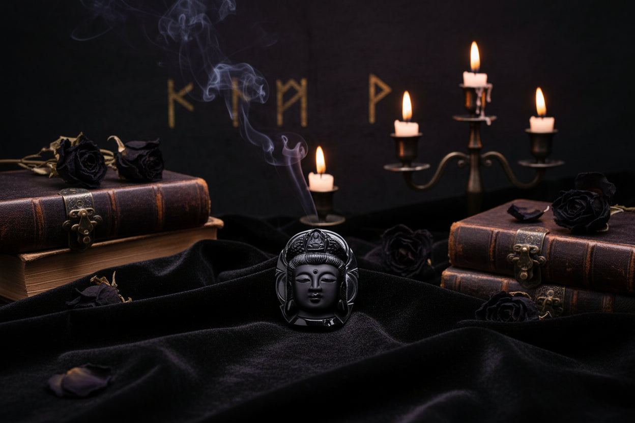 Obsidian Guanyin Necklace - Sorceress Sanctuary Pendant+rope