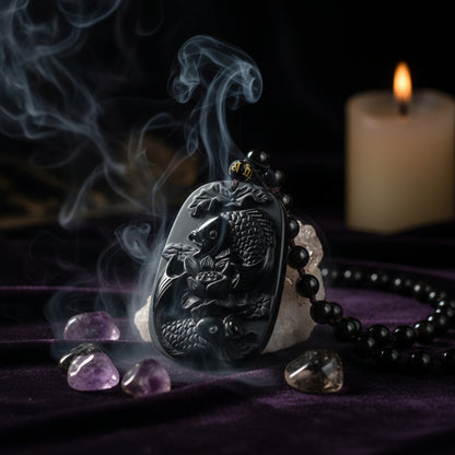 Obsidian Koi Necklace - Sorceress Sanctuary Pendant-Pendant Lanyard  