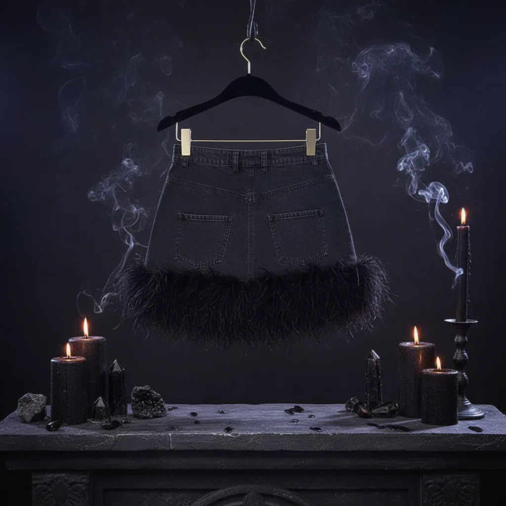 Ostrich Denim Skirt - Sorceress Sanctuary Black / S-Black / M-Black / L