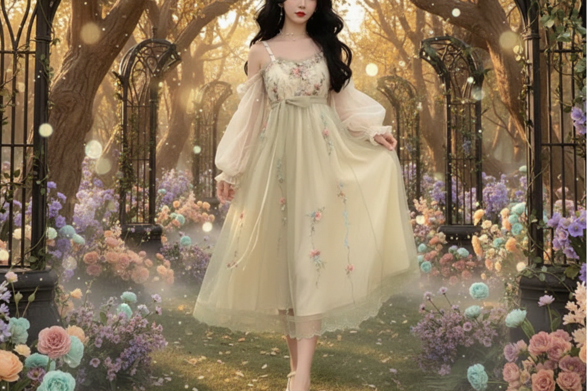 Patchwork Fae Dress - Sorceress Sanctuary Fairy green sundress + apricot sunscreen / S-Fairy green sundress + apricot sunscreen / M-Fairy green sundress + apricot sunscreen / L