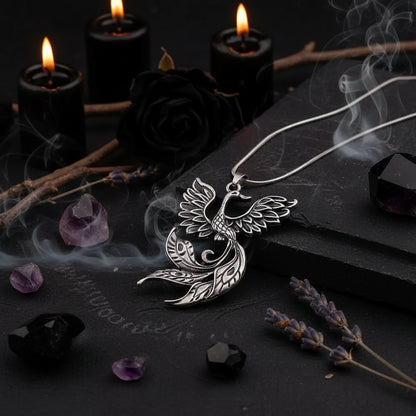 Phoenix Necklace - Sorceress Sanctuary Ancient bronze + snake bone chain-Ancient Silver + snake bone chain-Ancient bronze + wax rope-Ancient Silver + wax rope