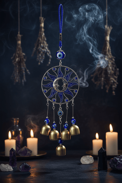 Decorative hanging charm with sun design, bells, and blue evil eye beads on a white background