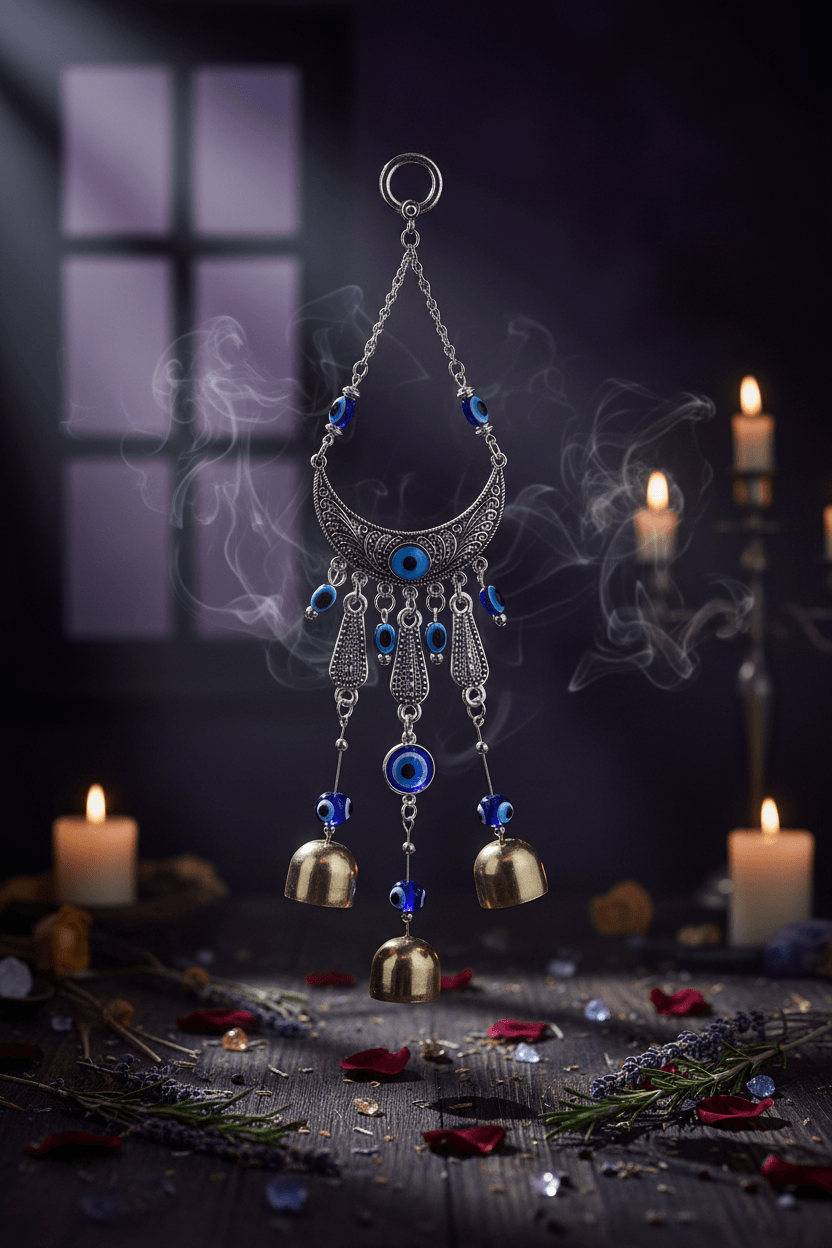 Decorative hanging charm with blue evil eye beads and gold bells on a white background