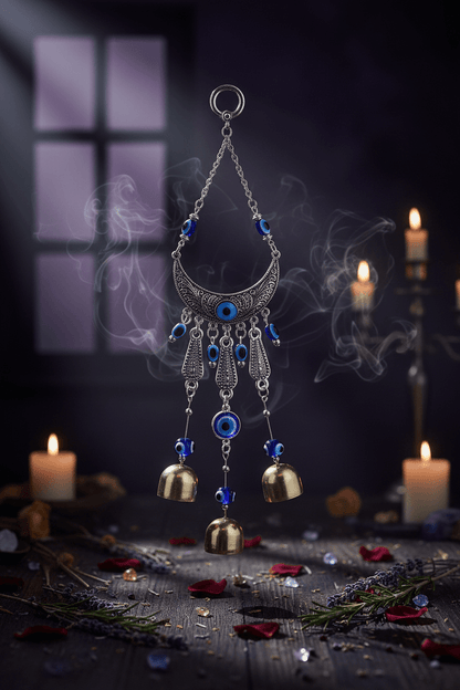 Decorative hanging charm with blue evil eye beads and gold bells on a white background