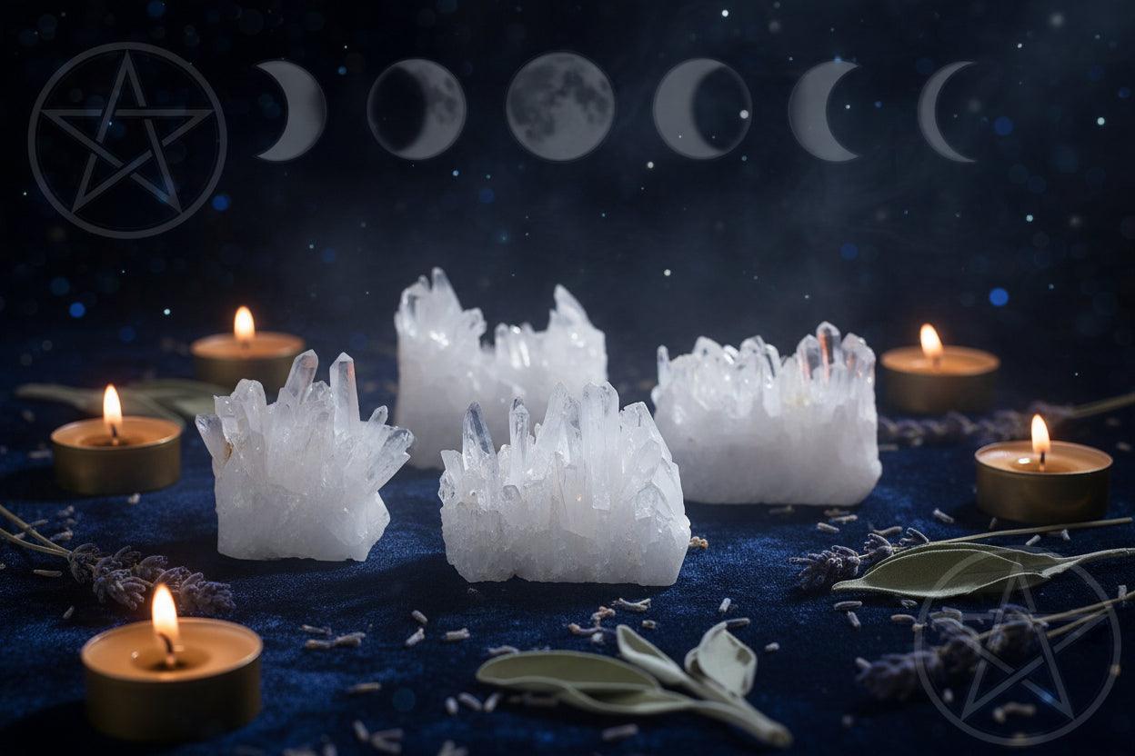 Set of crystal formations on a dark surface with a blurred background