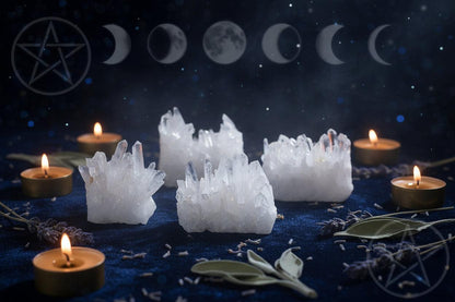 Set of crystal formations on a dark surface with a blurred background