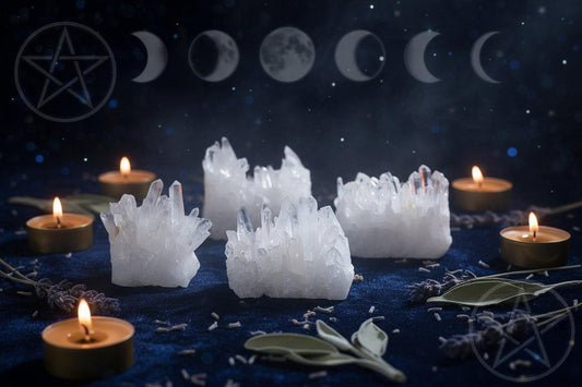 Set of crystal formations on a dark surface with a blurred background