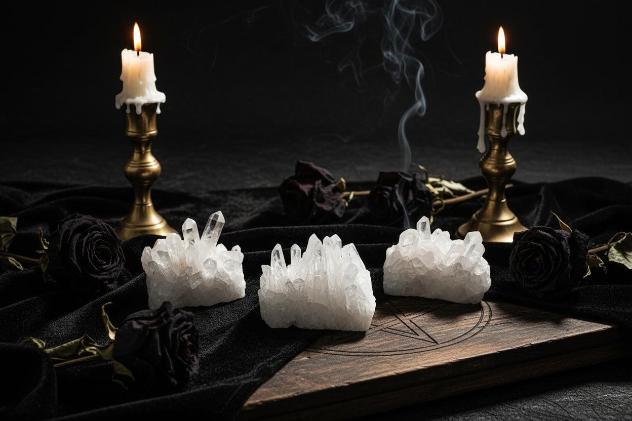 Set of crystal formations on a dark surface with a blurred background