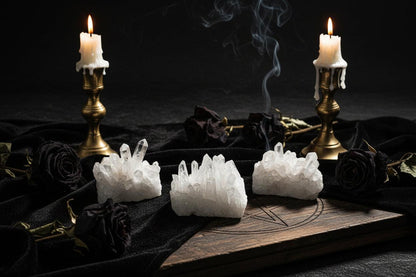 Set of crystal formations on a dark surface with a blurred background