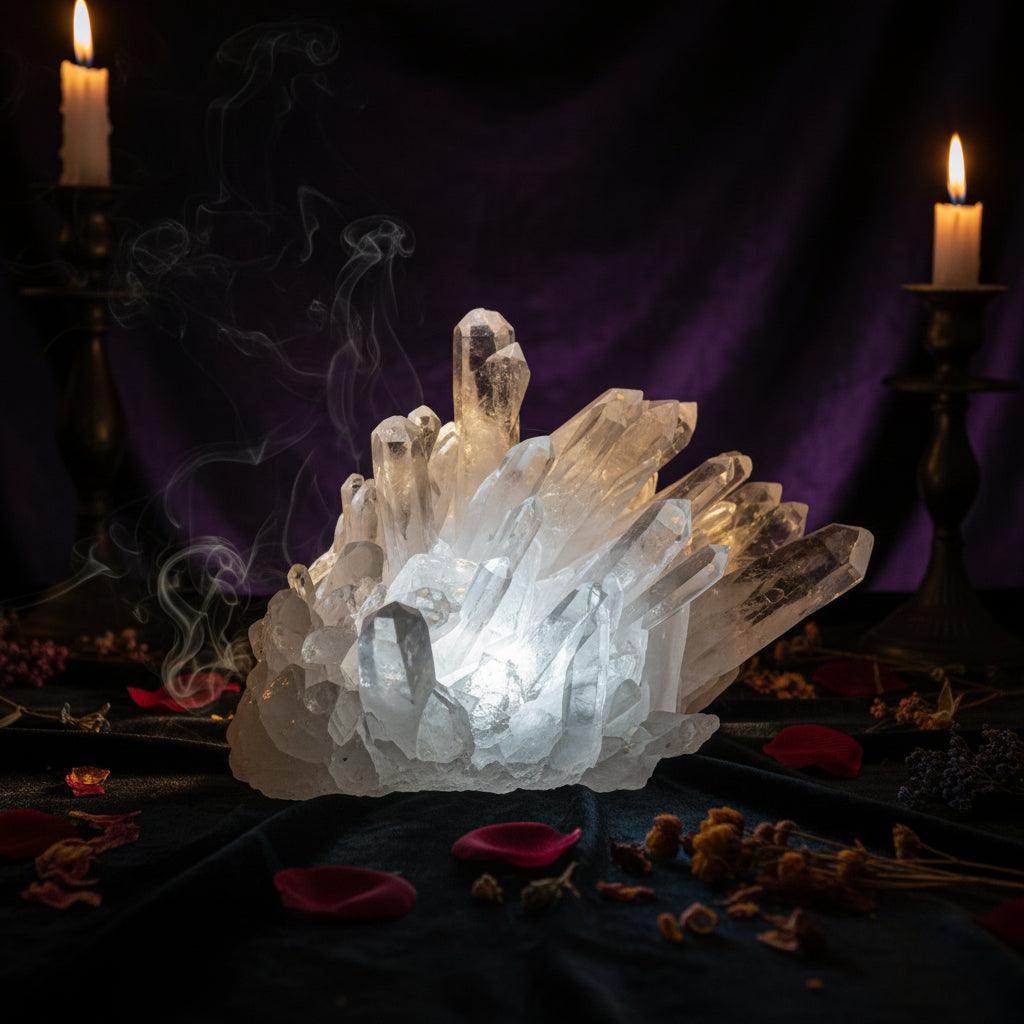 Clear crystal formation with dried plants on a neutral background