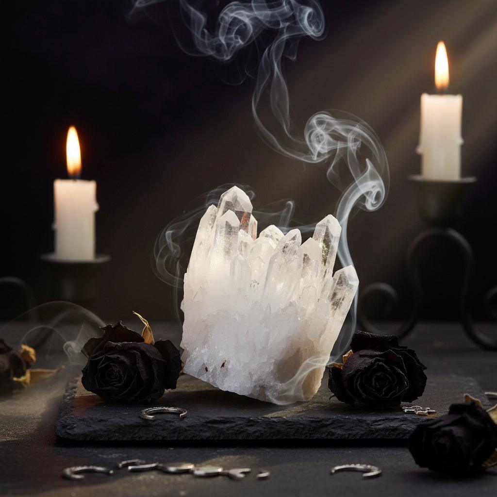 Clear crystal formation held between fingers against a black background