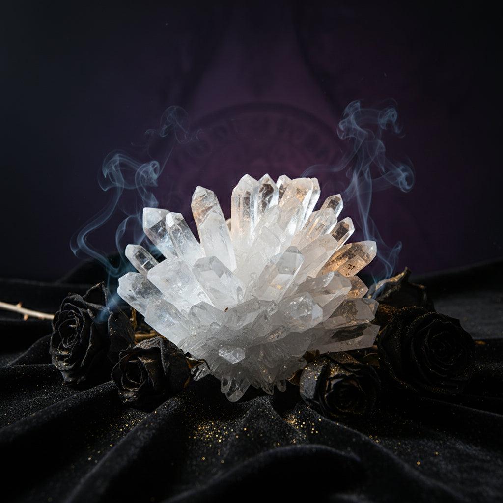 Crystal cluster held by a hand with a gray background