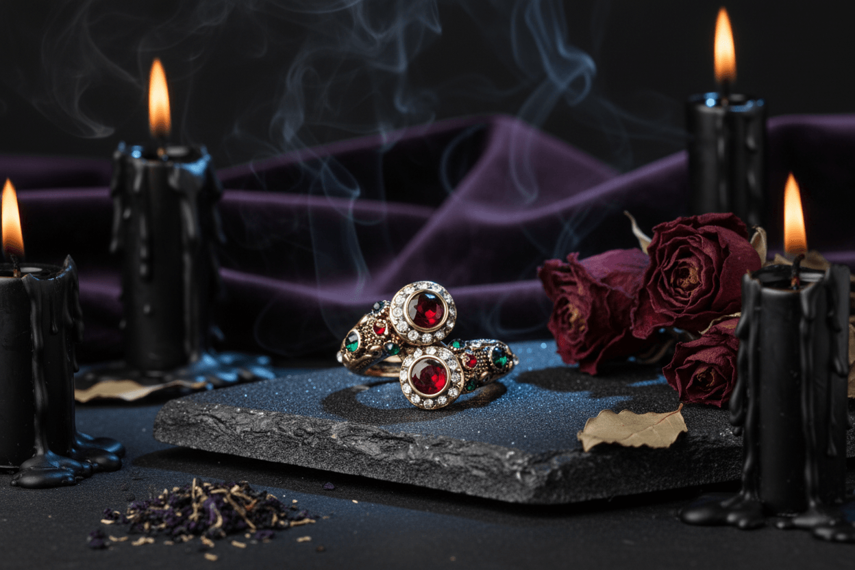 Vintage Women's Crystal Ruby Ring with Evil Eye Snake Sorceress Sanctuary