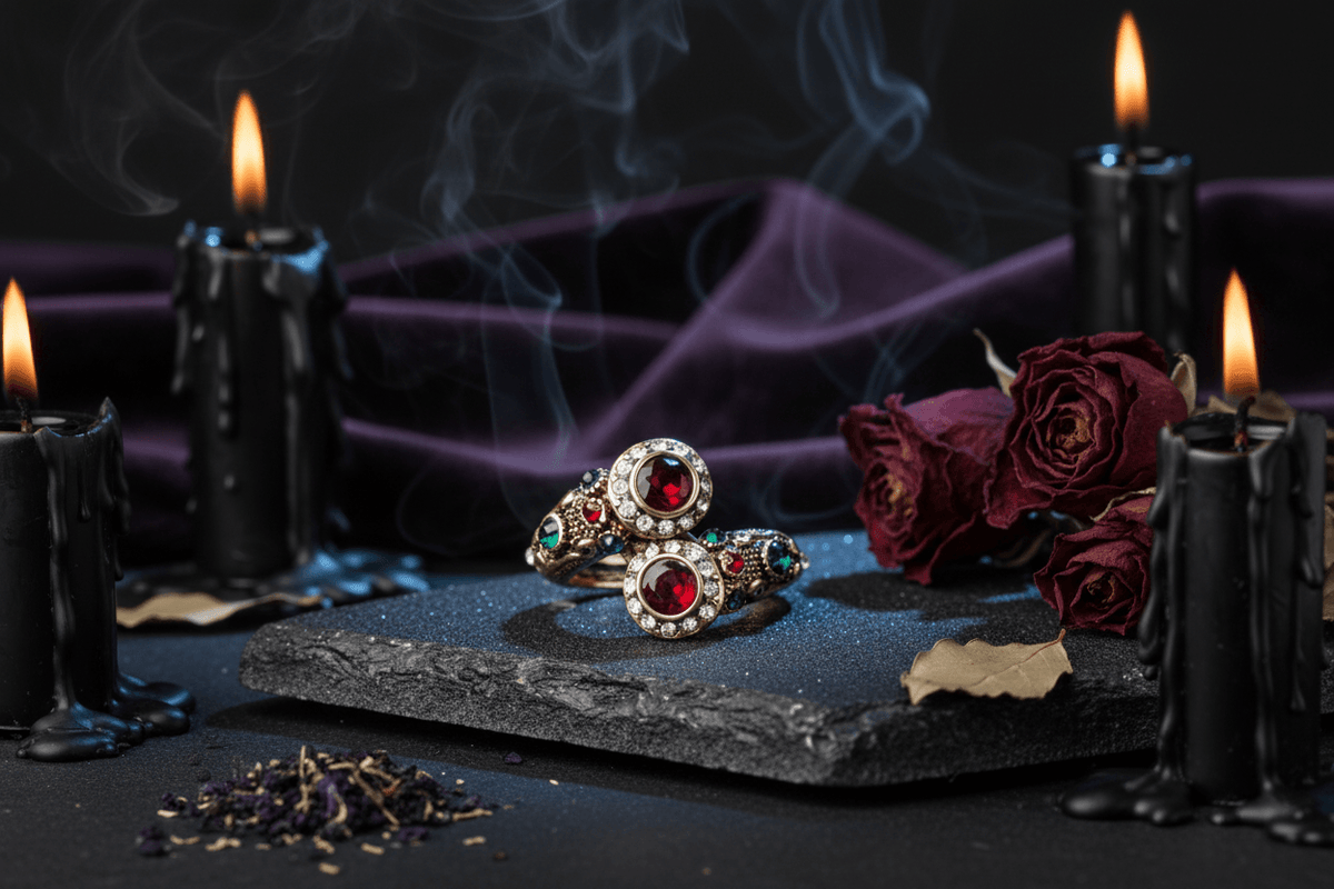 Vintage Women's Crystal Ruby Ring with Evil Eye Snake Sorceress Sanctuary