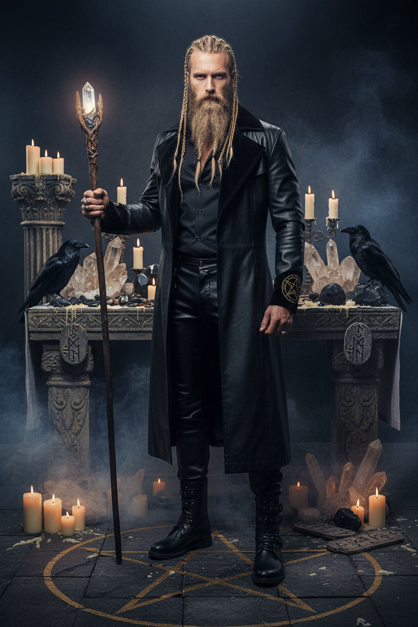 Person wearing black leather pants and boots on a gray background
