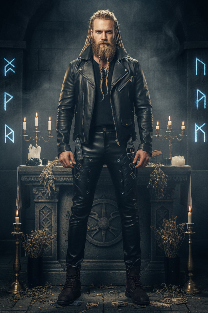 Person wearing black leather pants and boots against a gray wall.