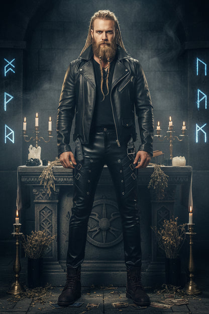 Person wearing black leather pants and boots against a gray wall.