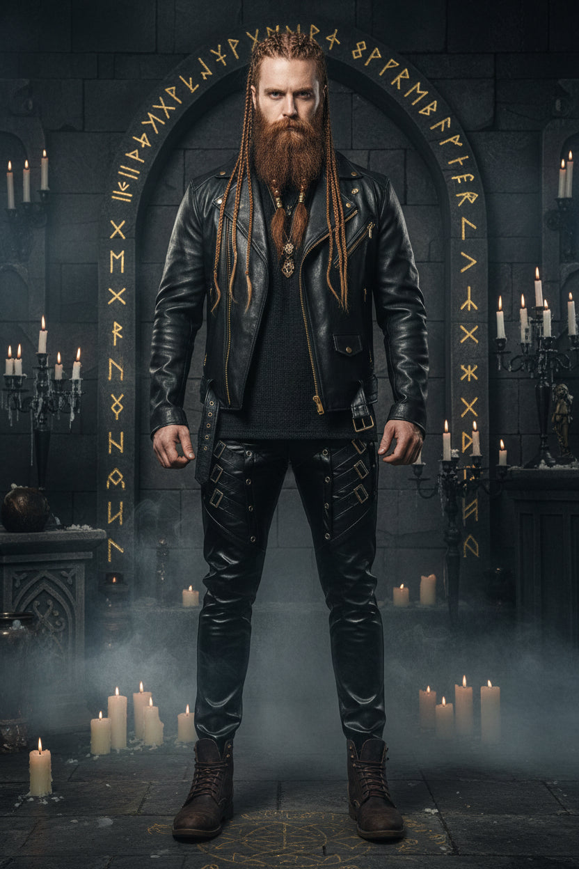 Person wearing black leather pants and jacket against a gray concrete wall.