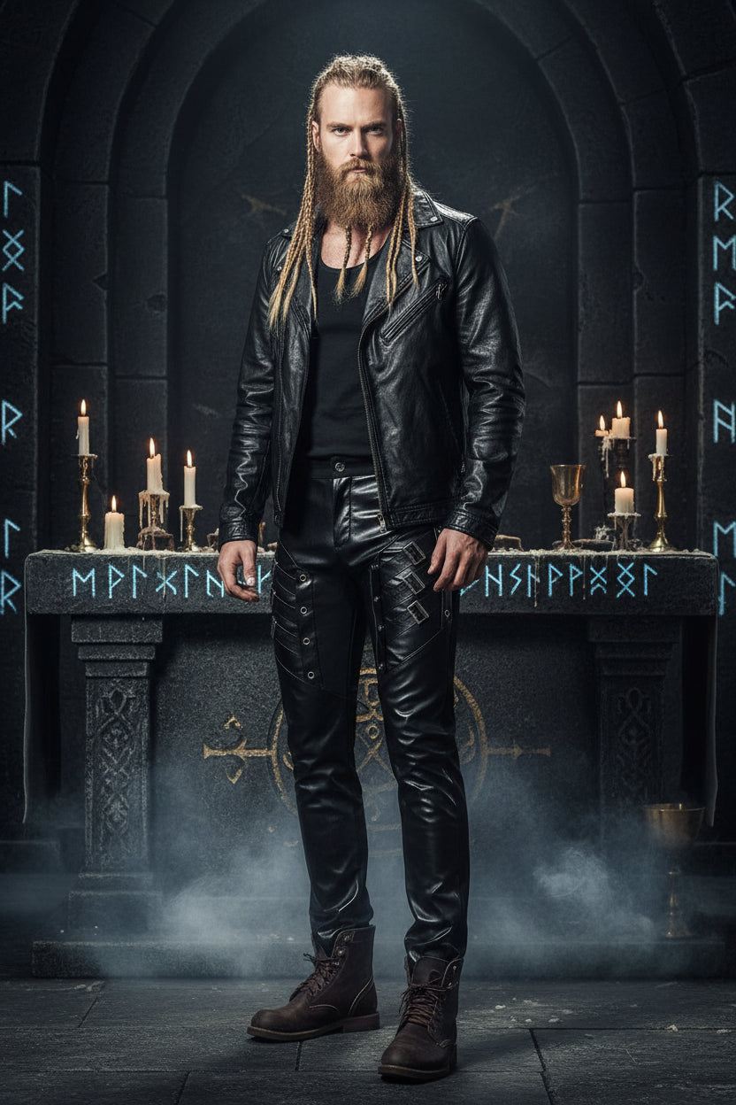 Person wearing black leather pants and boots against a gray wall.