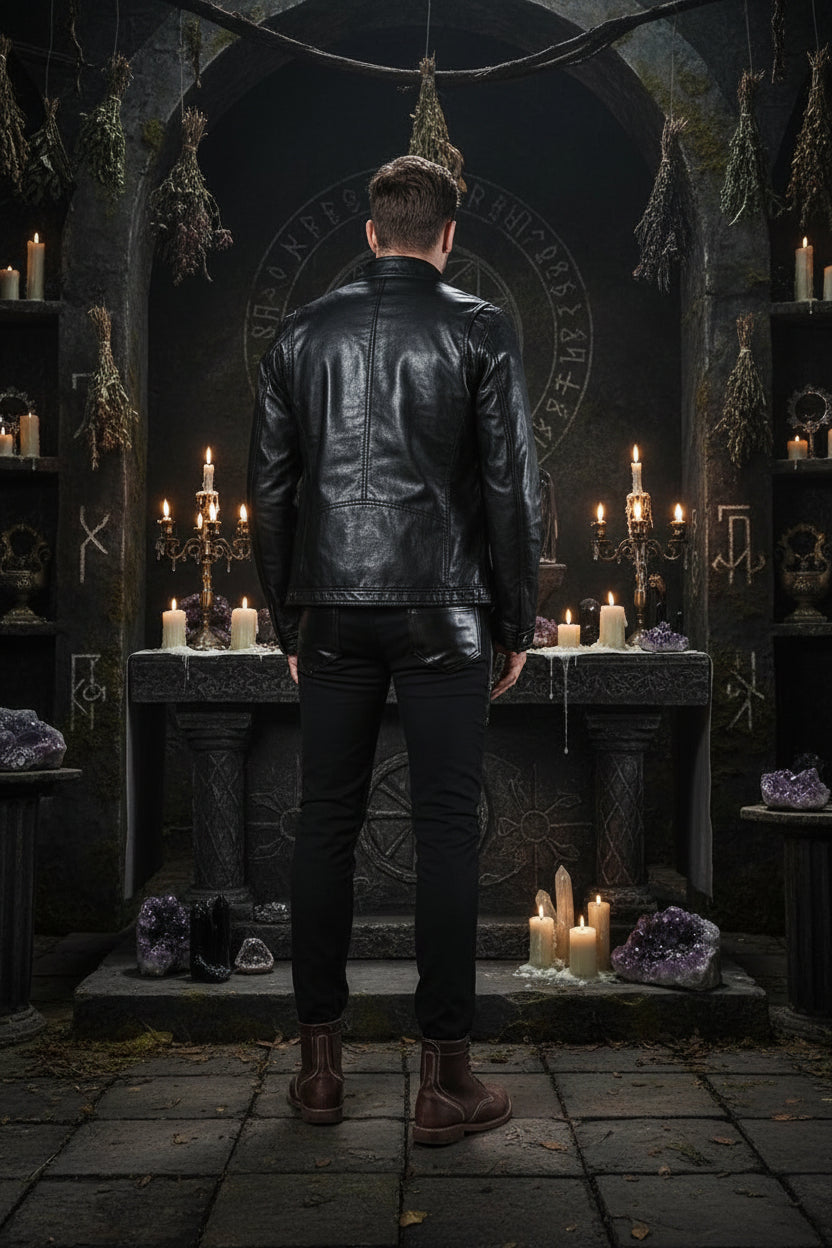 Person wearing black leather jacket, black pants, and brown boots against a gray concrete wall.