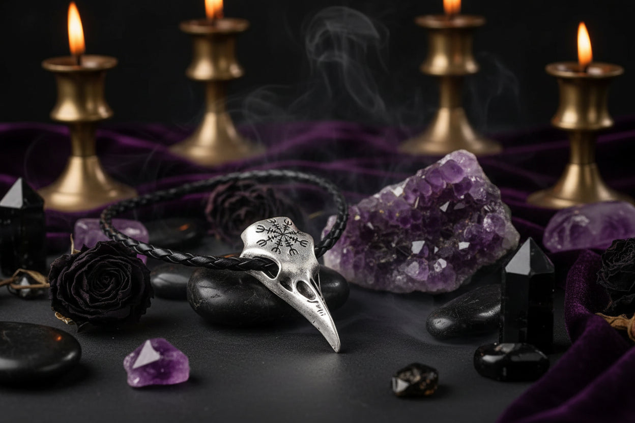 Raven Skull Necklace - Sorceress Sanctuary Ancient Silver