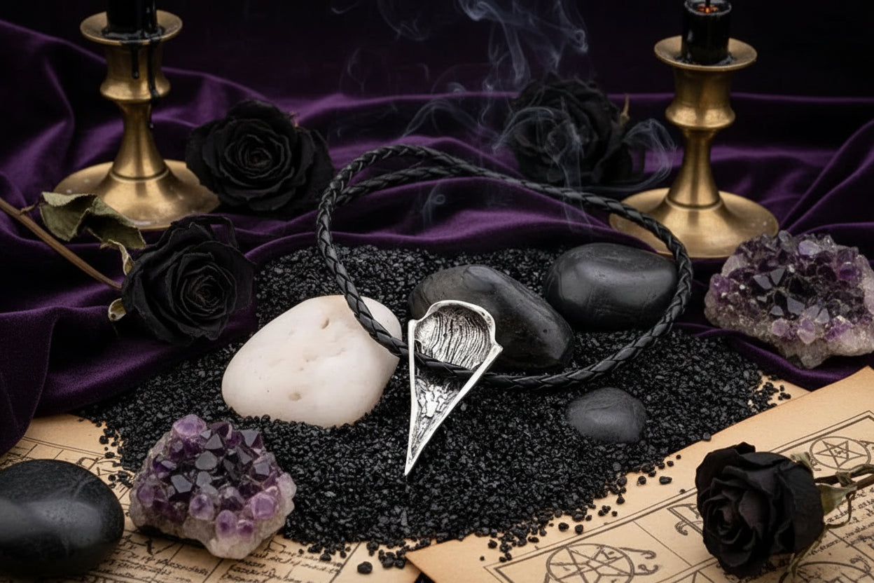 Raven Skull Necklace - Sorceress Sanctuary Ancient Silver