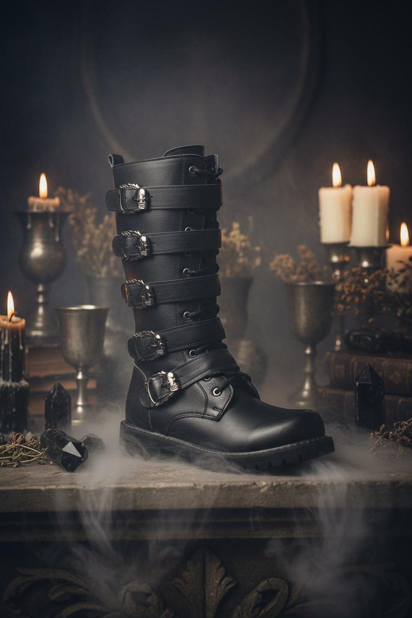 Black leather boot with multiple straps and buckles on a white background