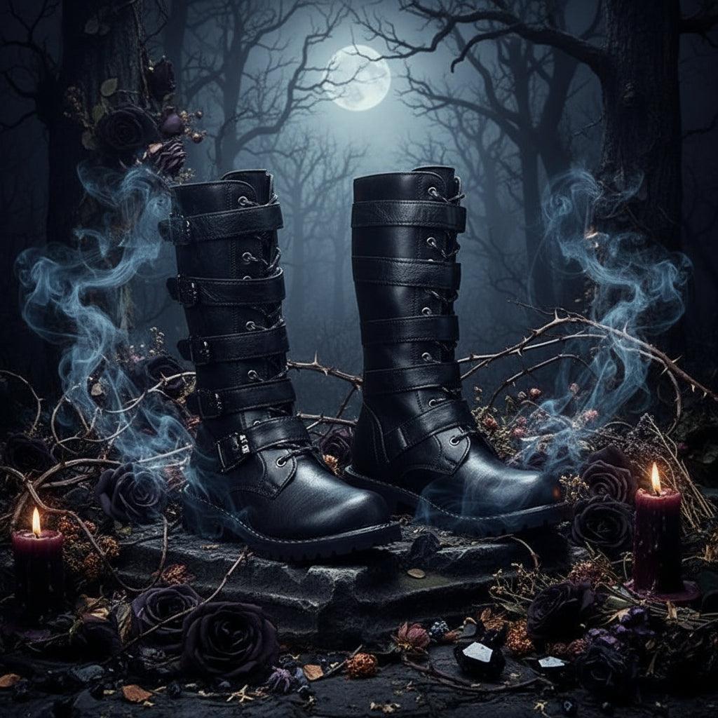 Pair of black leather boots on a wooden surface with books and a small Eiffel Tower model in the background.